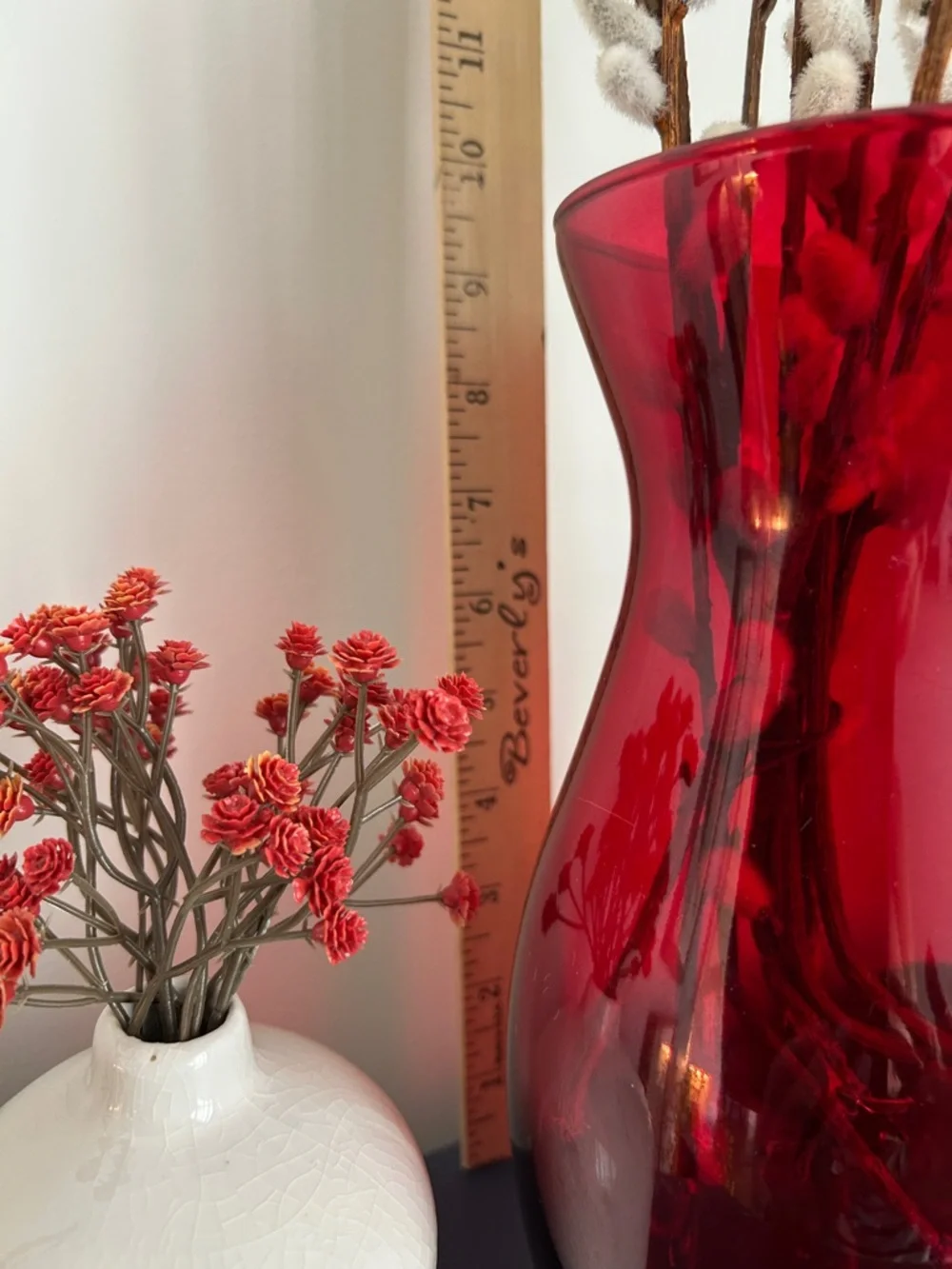 Red and White Tabletop decor Dried floral shelf decor Red vase faux cattails.